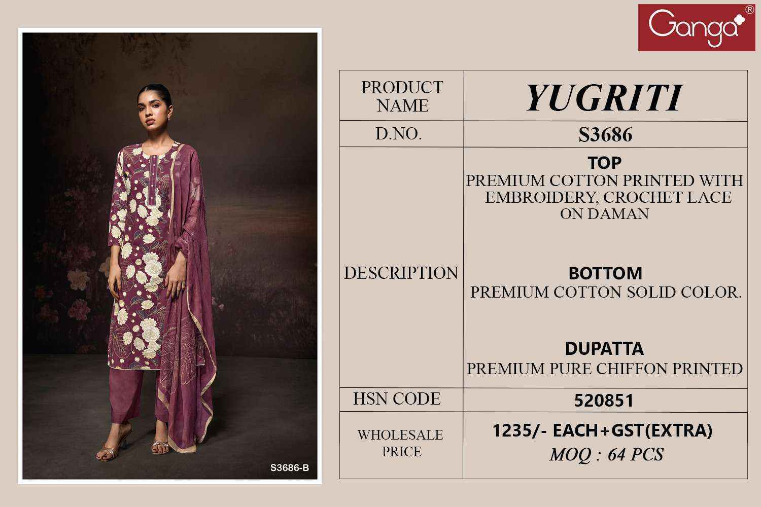 Ganga Yugriti 3686 Wholesale Cotton Dress Material ( 4 pcs Catalogue
