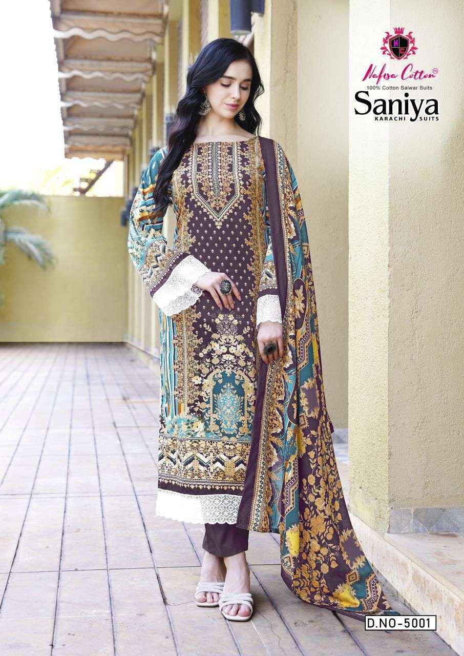 NAFISA COTTON SANIYA KARACHI SUITS VOL 5 COTTON DIGITAL KARACHI PRINTS SALWAR SUIT WHOLESALE RATE ( 6 PCS CATALOG )