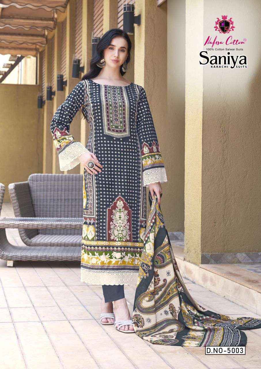NAFISA COTTON SANIYA KARACHI SUITS VOL 5 COTTON DIGITAL KARACHI PRINTS SALWAR SUIT WHOLESALE RATE ( 6 PCS CATALOG )