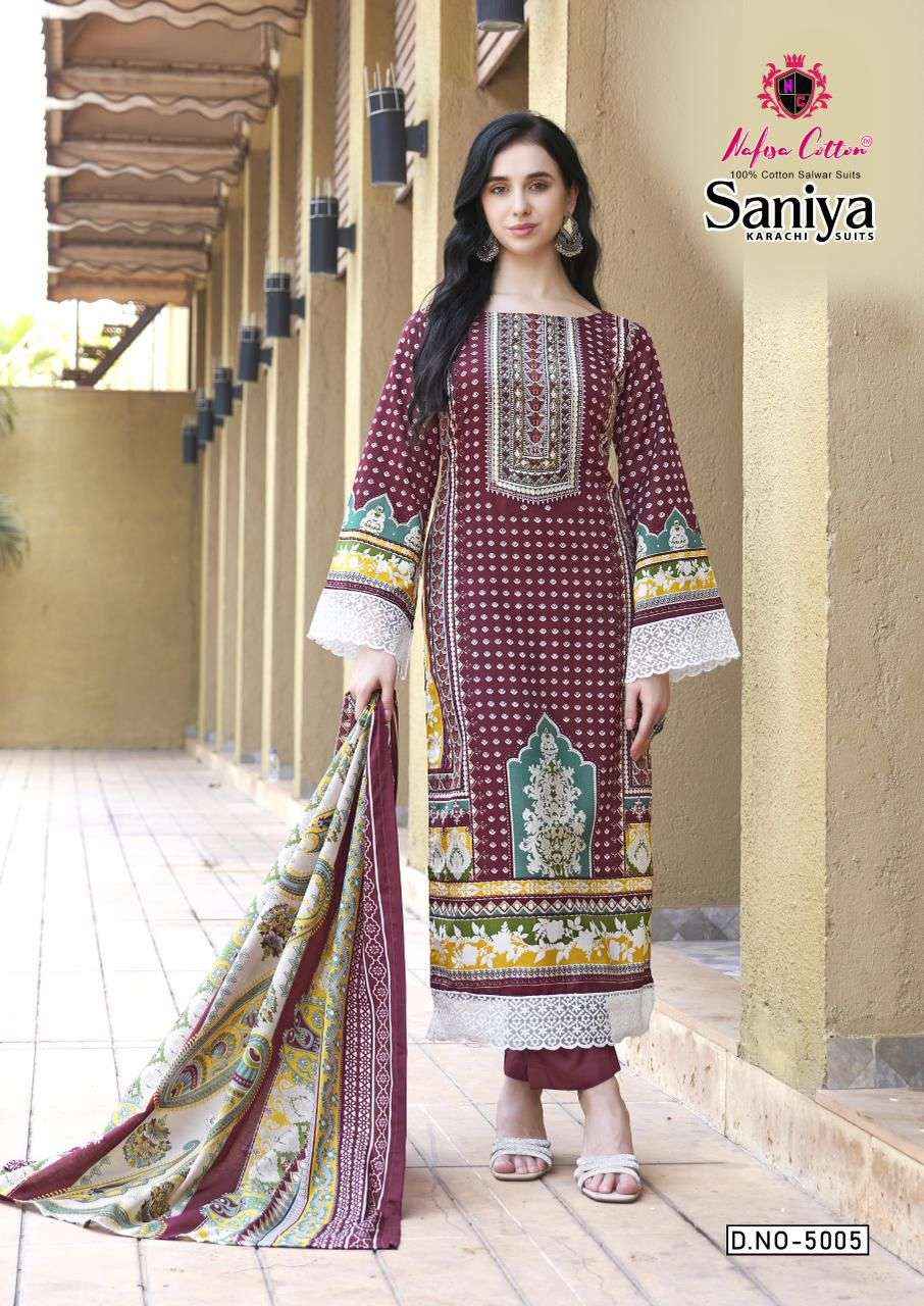 NAFISA COTTON SANIYA KARACHI SUITS VOL 5 COTTON DIGITAL KARACHI PRINTS SALWAR SUIT WHOLESALE RATE ( 6 PCS CATALOG )