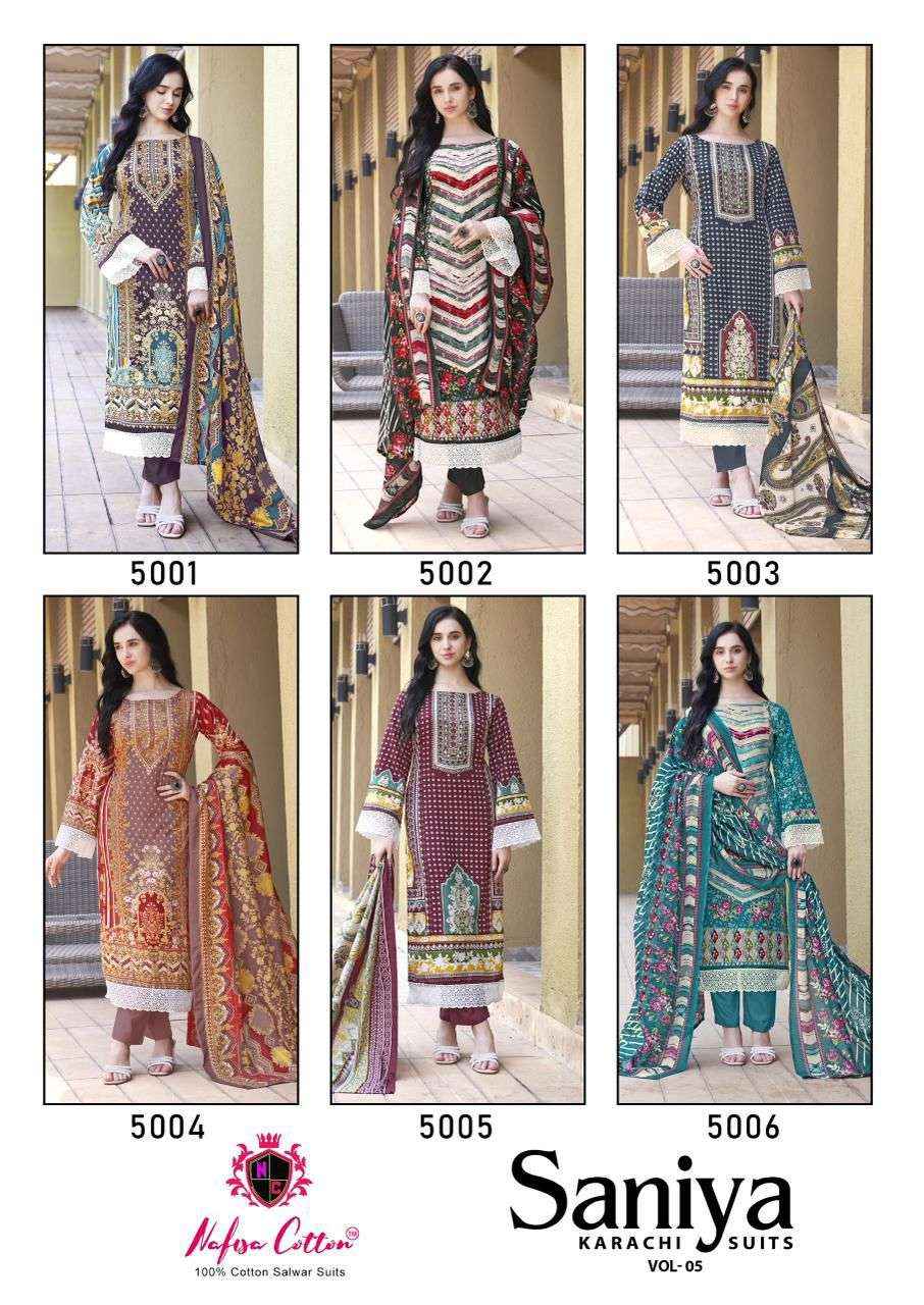 NAFISA COTTON SANIYA KARACHI SUITS VOL 5 COTTON DIGITAL KARACHI PRINTS SALWAR SUIT WHOLESALE RATE ( 6 PCS CATALOG )