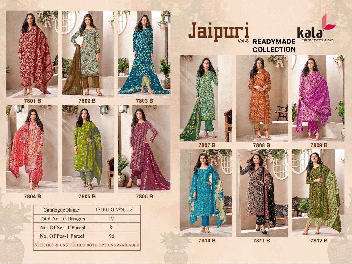 KALA FASHION JAIPURI VOL 8 READYMADE SUIT COLLECTION ( 12 PCS CATALOG )