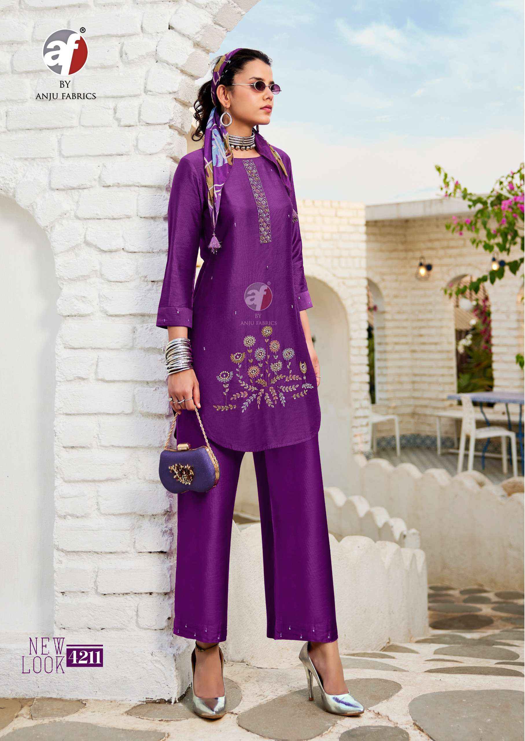 ANJU FABRICS FUSION VO 5 VISCOSE DESIGNER KURTI WITH PANT AND SCRAF WHOLESALE RATE ( 6 PCS CATALOG )