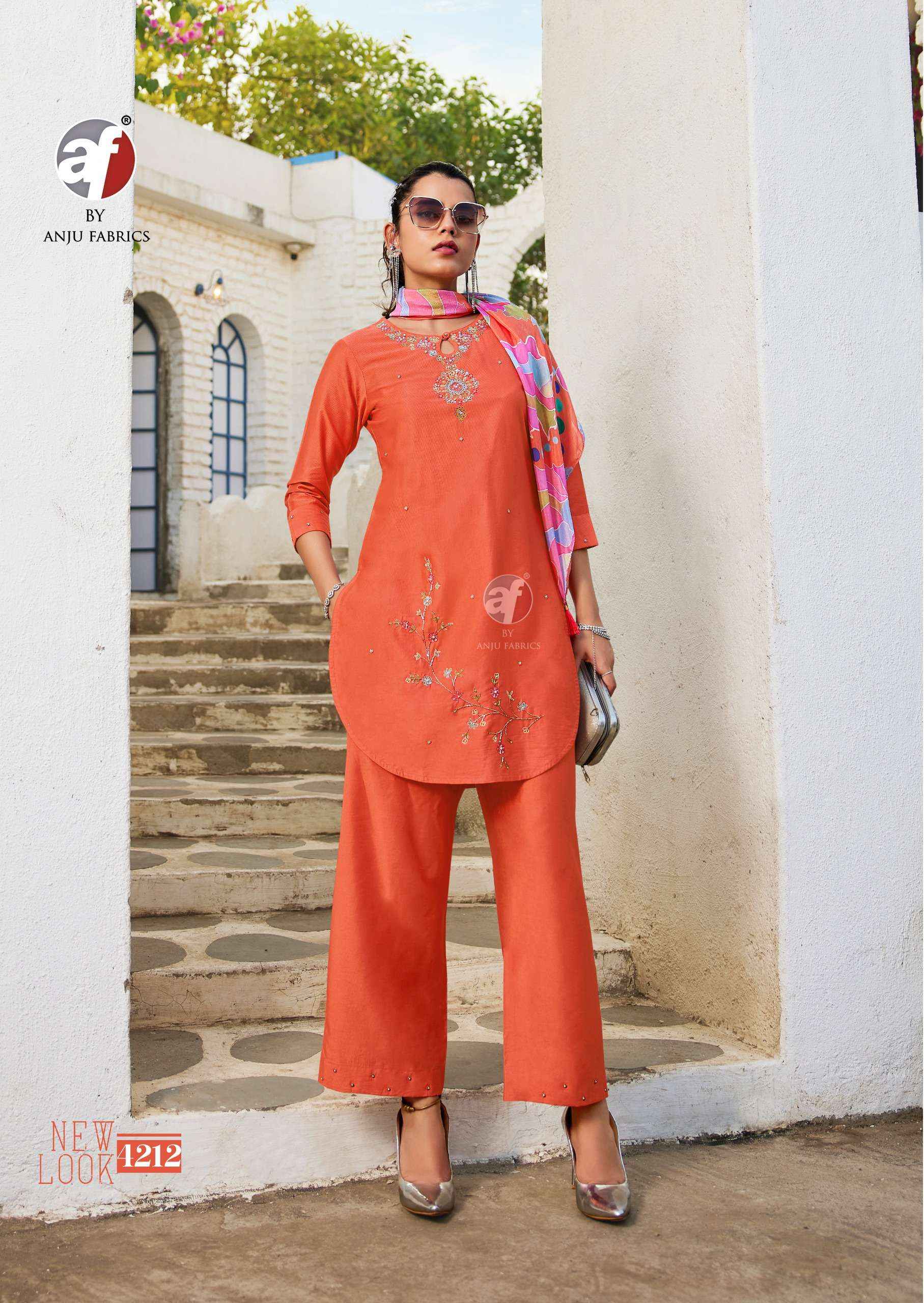 ANJU FABRICS FUSION VO 5 VISCOSE DESIGNER KURTI WITH PANT AND SCRAF WHOLESALE RATE ( 6 PCS CATALOG )