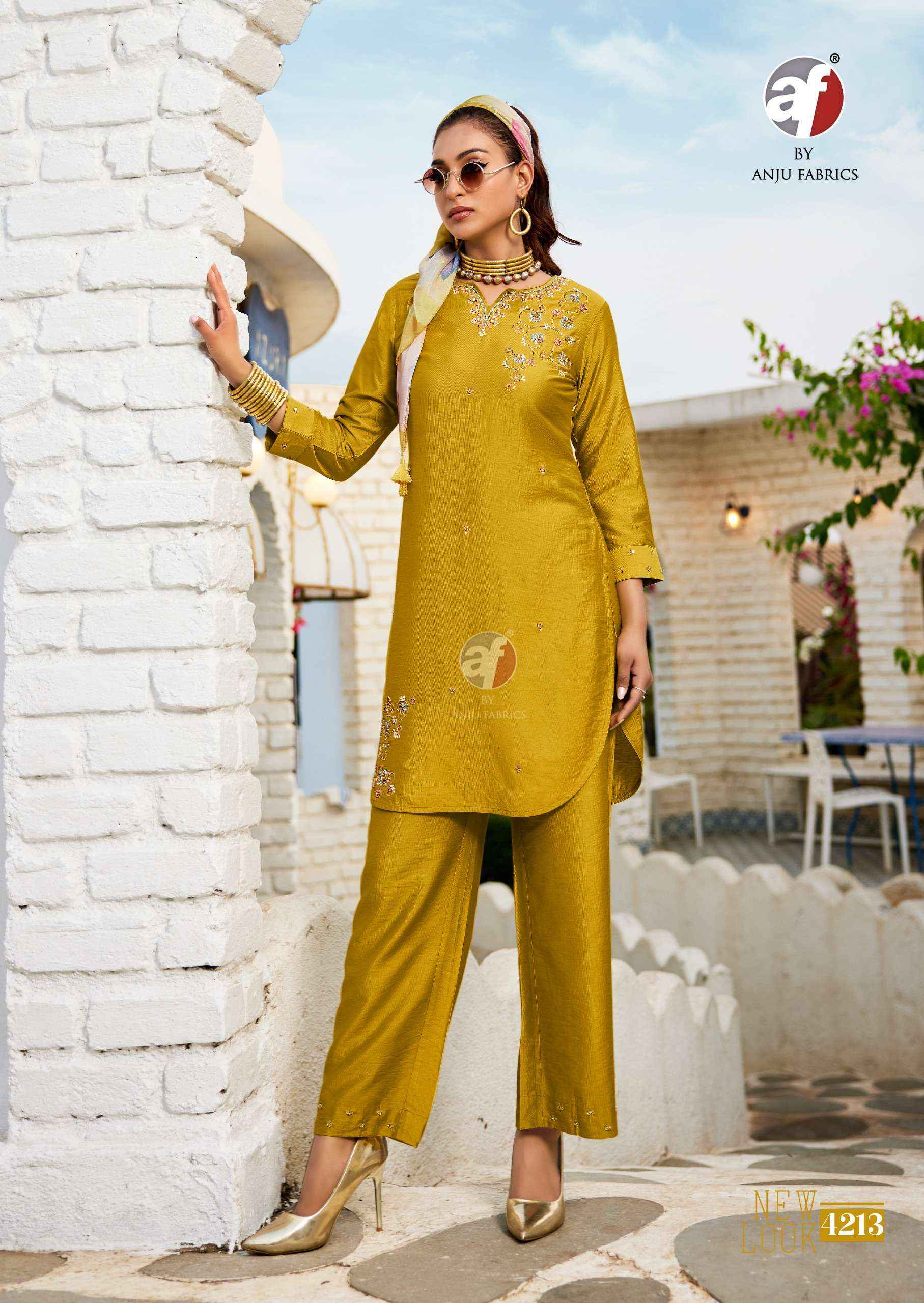 ANJU FABRICS FUSION VO 5 VISCOSE DESIGNER KURTI WITH PANT AND SCRAF WHOLESALE RATE ( 6 PCS CATALOG )