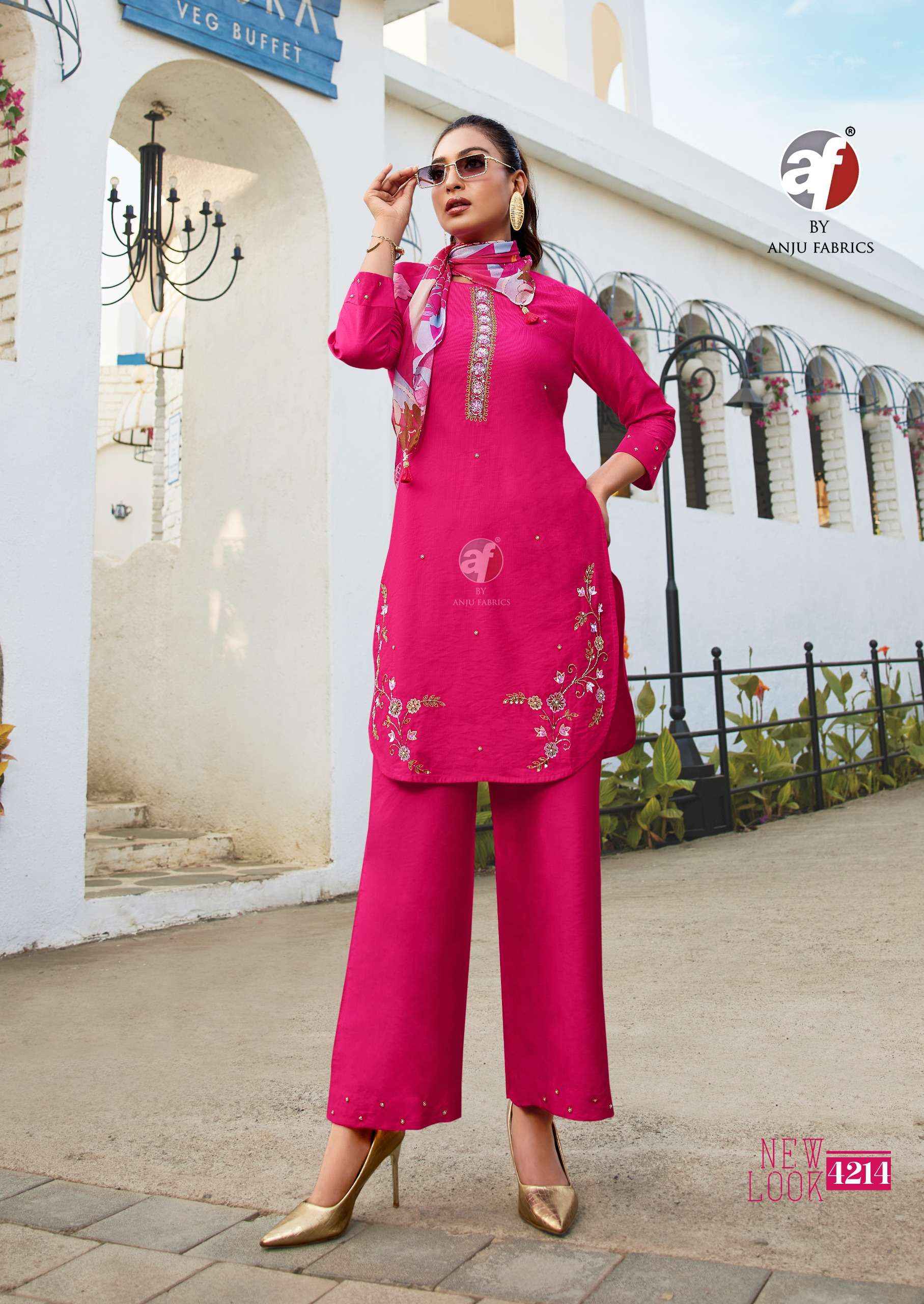 ANJU FABRICS FUSION VO 5 VISCOSE DESIGNER KURTI WITH PANT AND SCRAF WHOLESALE RATE ( 6 PCS CATALOG )
