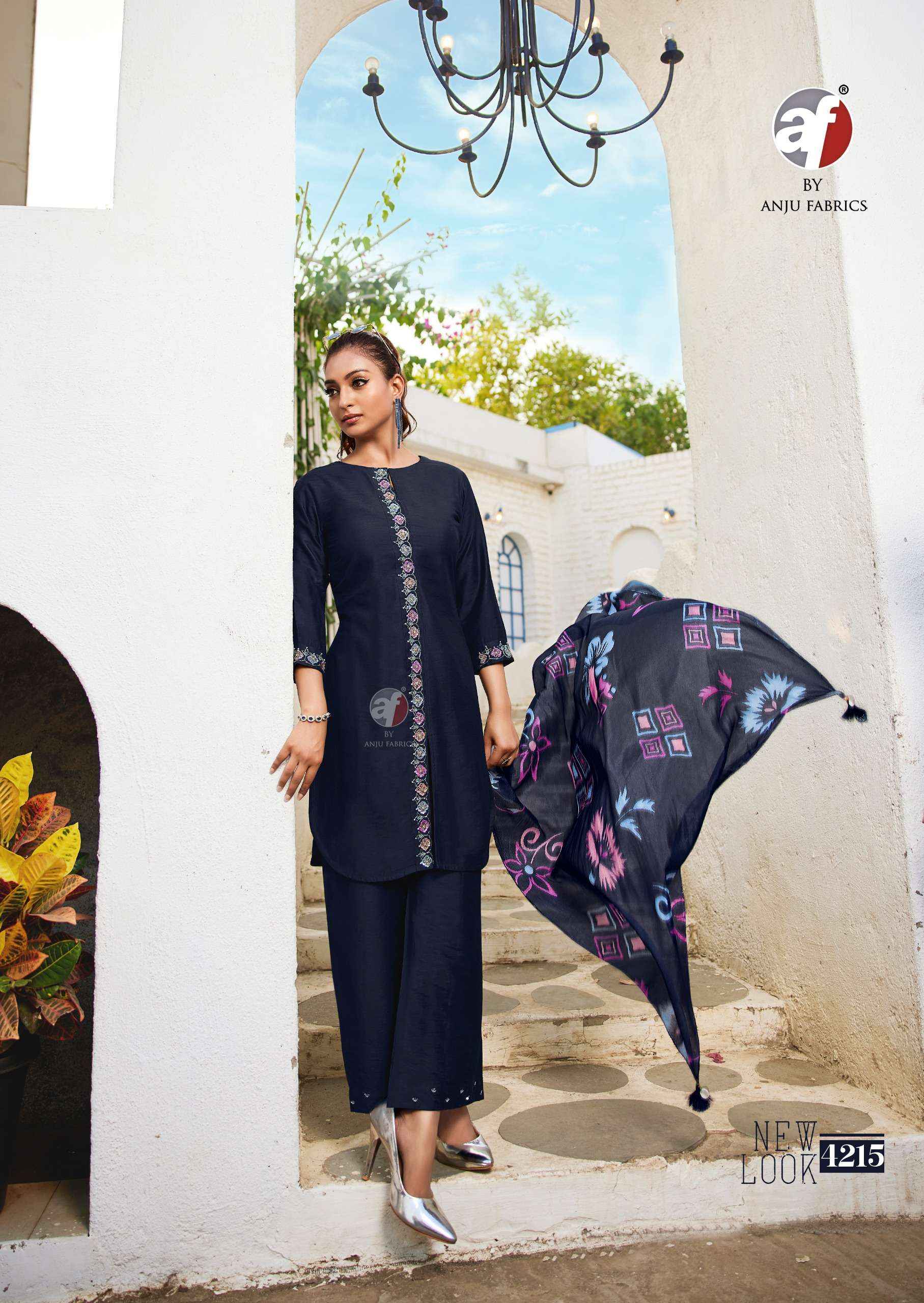 ANJU FABRICS FUSION VO 5 VISCOSE DESIGNER KURTI WITH PANT AND SCRAF WHOLESALE RATE ( 6 PCS CATALOG )