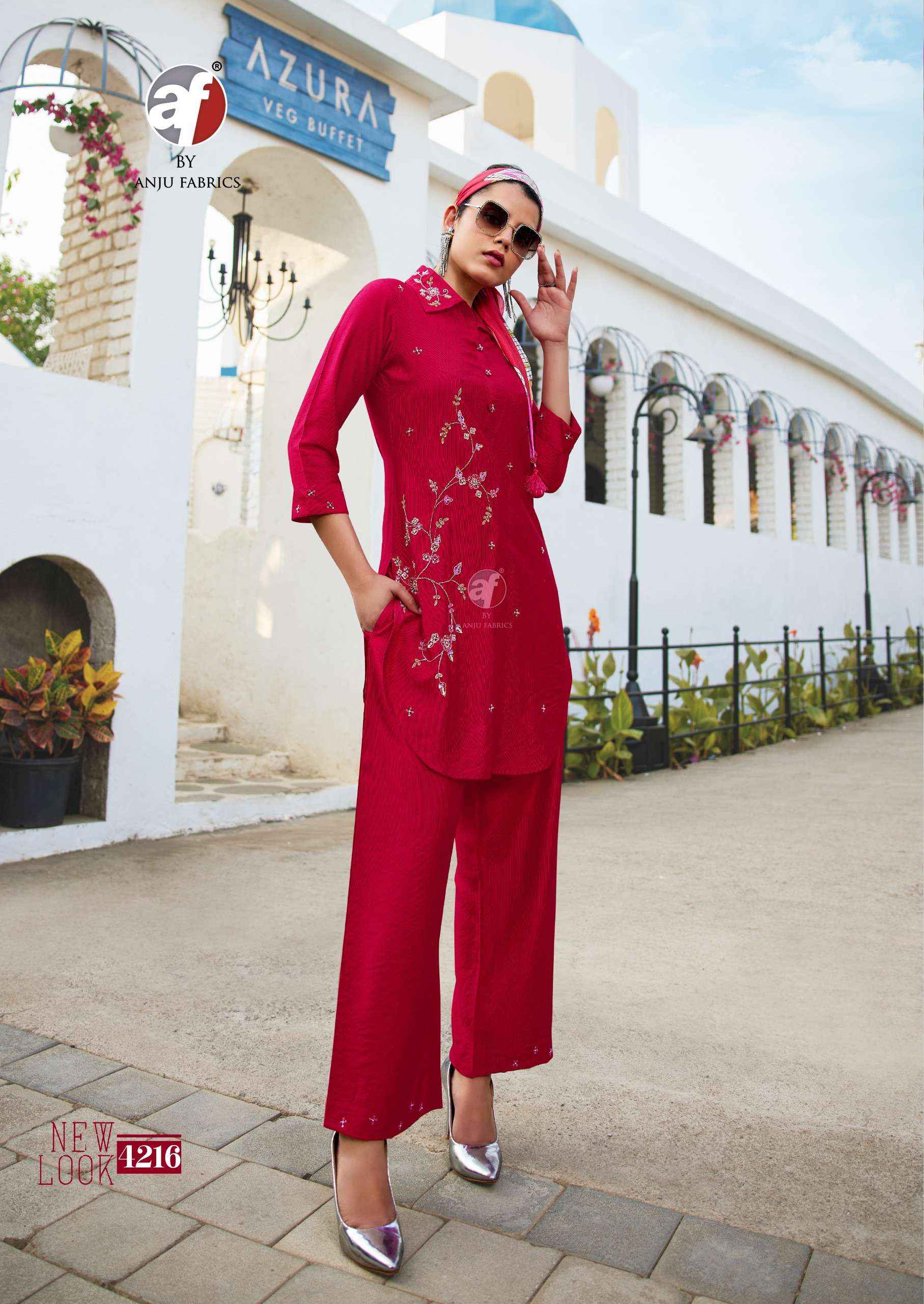 ANJU FABRICS FUSION VO 5 VISCOSE DESIGNER KURTI WITH PANT AND SCRAF WHOLESALE RATE ( 6 PCS CATALOG )