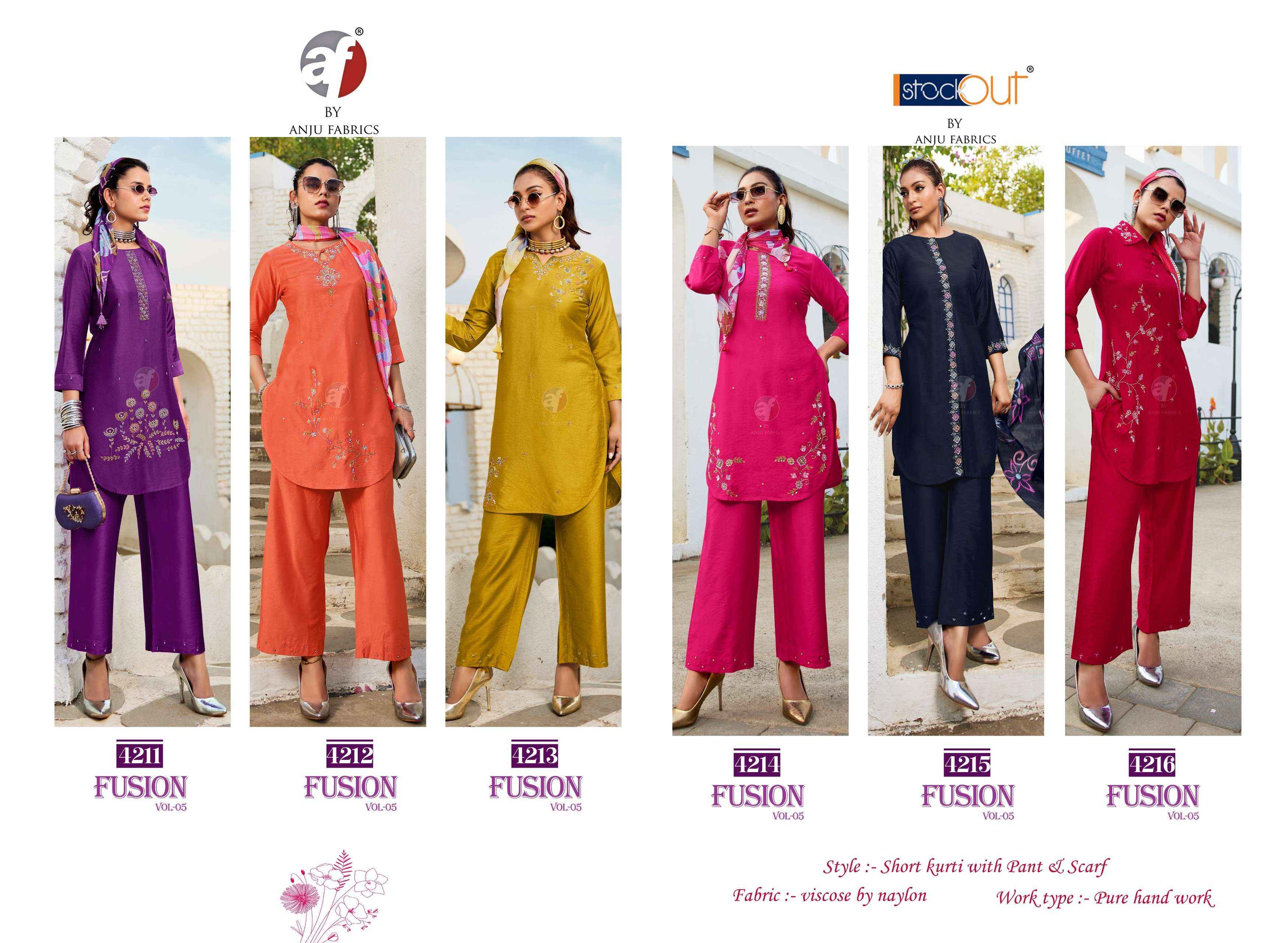 ANJU FABRICS FUSION VO 5 VISCOSE DESIGNER KURTI WITH PANT AND SCRAF WHOLESALE RATE ( 6 PCS CATALOG )