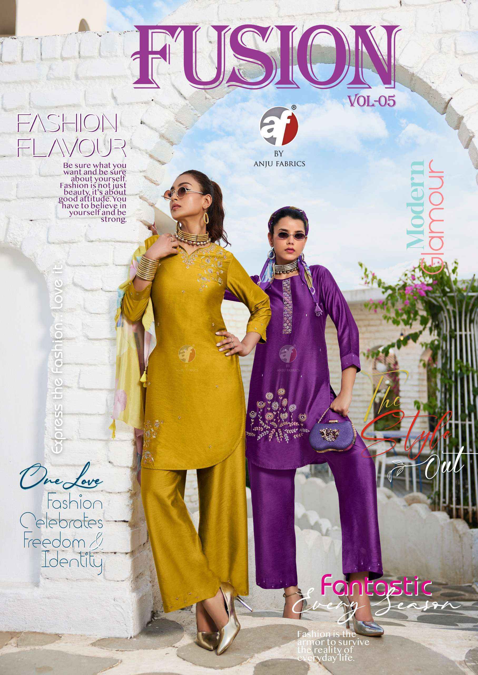 ANJU FABRICS FUSION VO 5 VISCOSE DESIGNER KURTI WITH PANT AND SCRAF WHOLESALE RATE ( 6 PCS CATALOG )