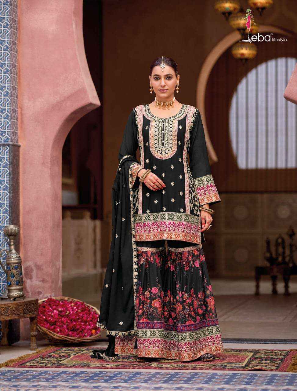 Eba Lifestyle Rang Black And White Designer Chinon Gharara Suit Wholesale Rate ( 2 Pcs Catalog )
