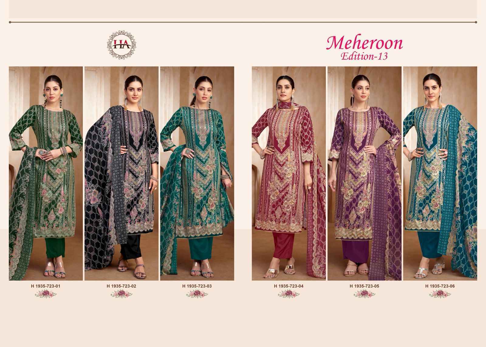 Harshit Fashion Meheroon Edition 13 Viscouse Reyon Salwar Suit Wholesale Rate ( 6 Pcs Catalog )