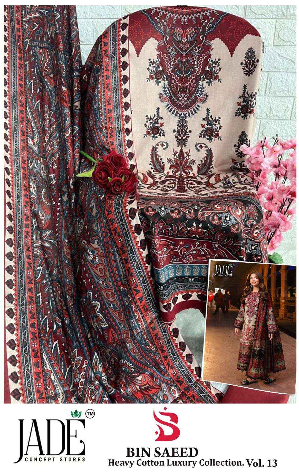 Jade Bin Saeed Vol 13 Pure Heavy Lawn Cotton Salwar Kameez Wholesale Rate ( 6 Pcs Catalog )