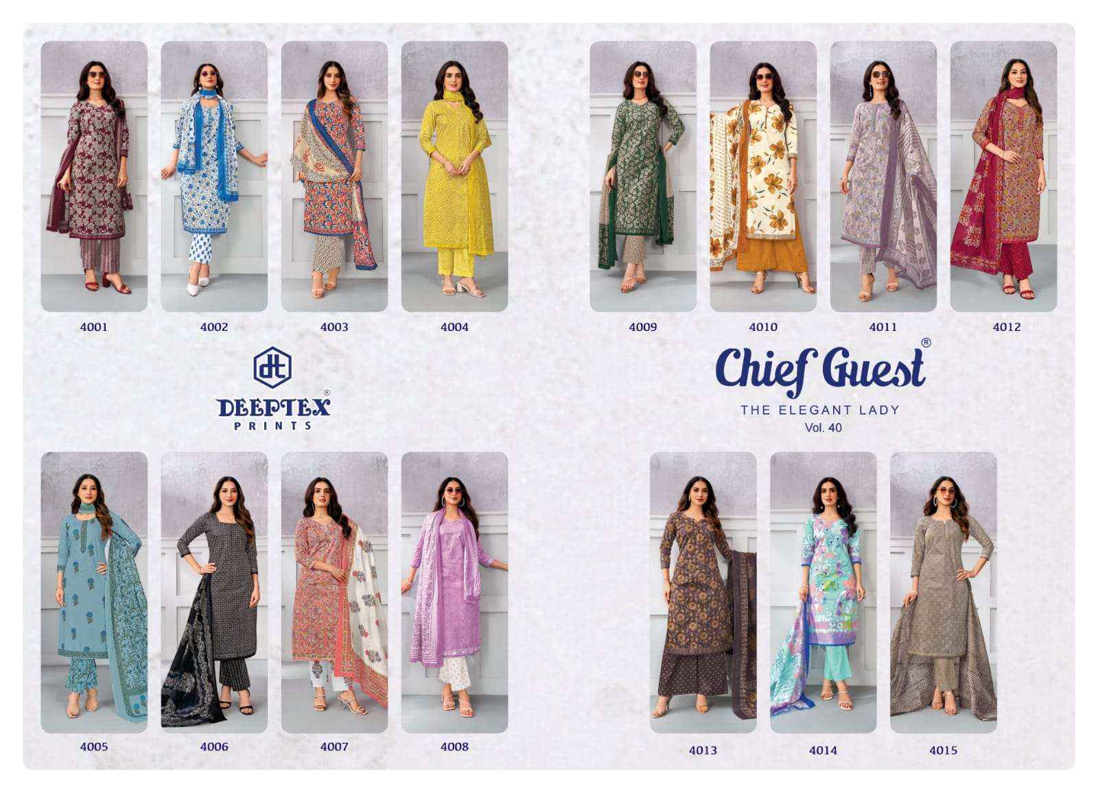 Deeptex Chief Guest Vol 40 Pure Cotton Unstitched Dress Material Wholesale Price ( 15 pcs catalogue )