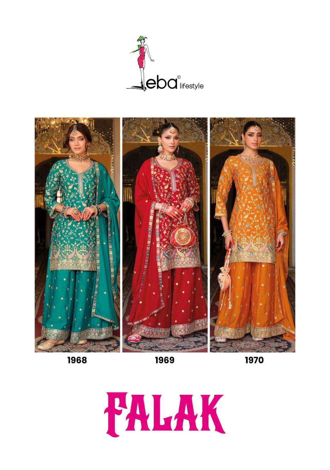 EBA LIFESTYLLE FALAK CHINON EMBROIDERY DESIGNER READY MADE PARTY WEAR SUIT  WHOLESALE RATE ( 3 PCS CATALOG )