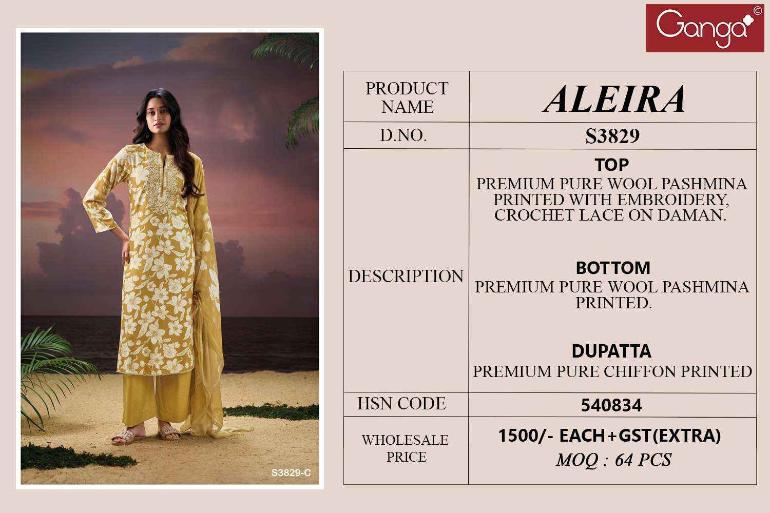 Ganga Fashion Aleira 3829 Pure Wool Pashmina Winter Wear Collection Wholesale Rate ( 4 Pcs Catalog )