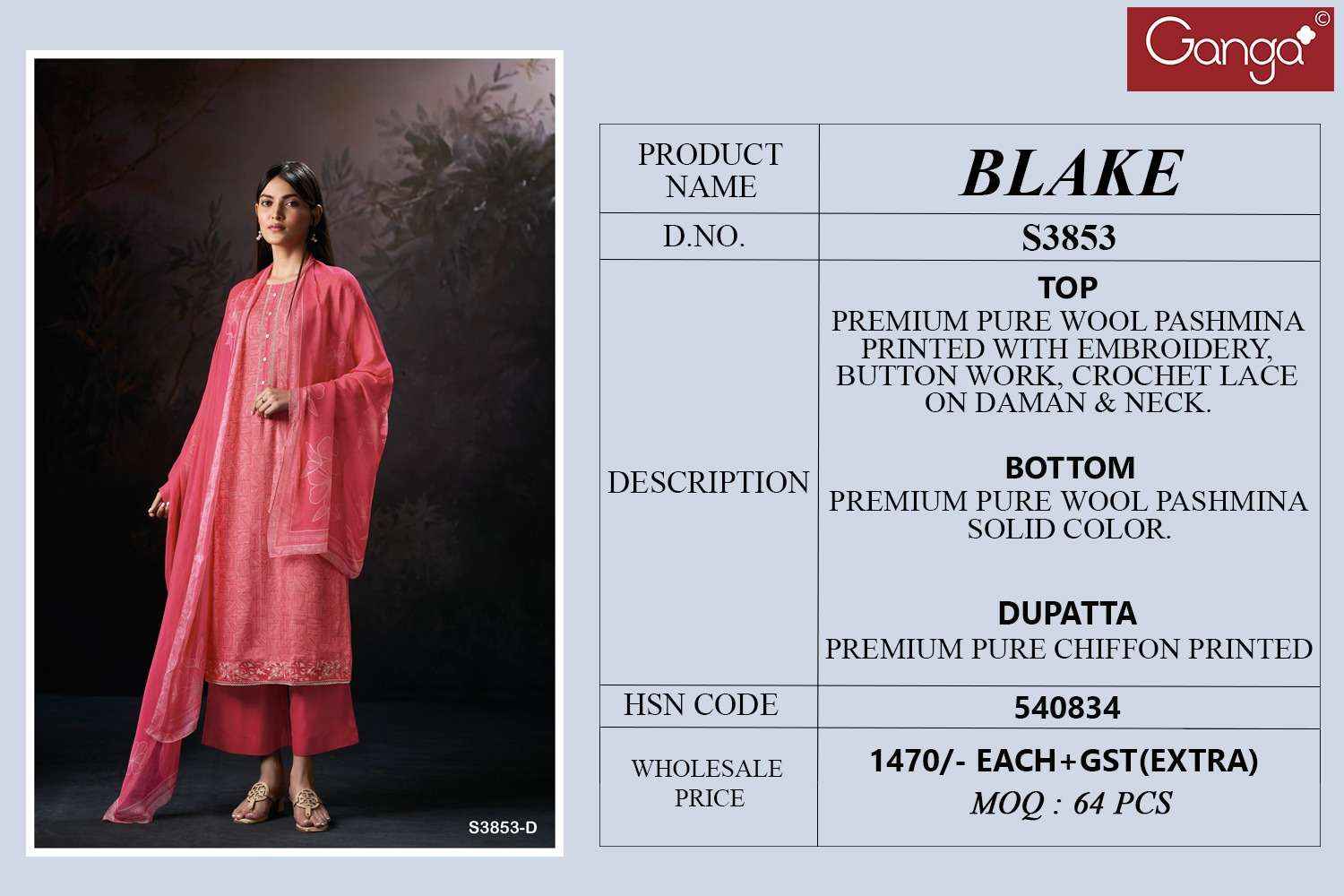 Ganga Fashion Blake 3853 Premium Wear Pashmina Salwar Kameez Wholesale Rate ( 4 Pcs Catalog )