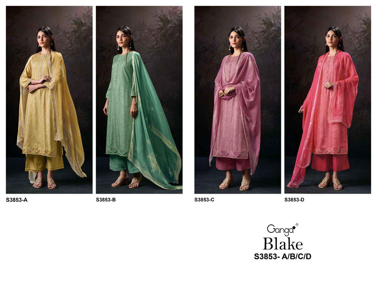 Ganga Fashion Blake 3853 Premium Wear Pashmina Salwar Kameez Wholesale Rate ( 4 Pcs Catalog )