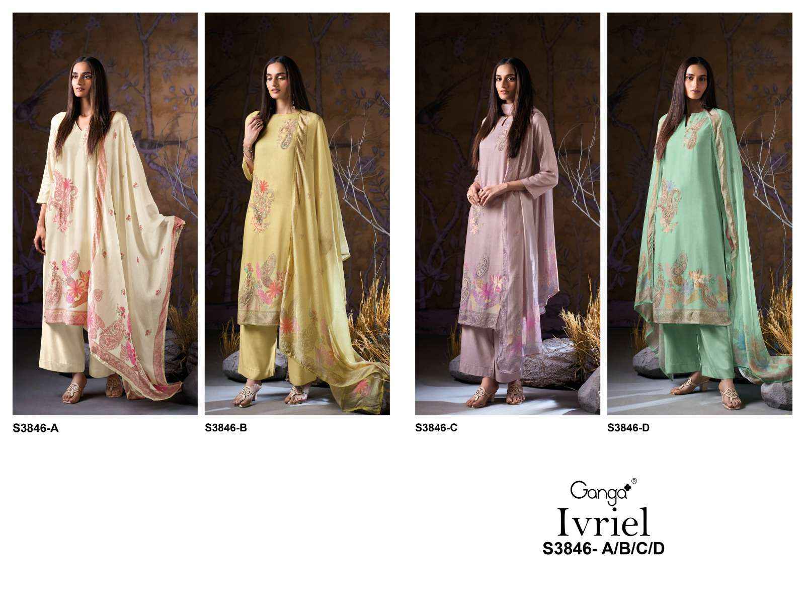 Ganga Fashion Ivriel 3846 Winter Wear Pure Wool Pashmina dress Wholesale rate ( 4 Pcs Catalog )