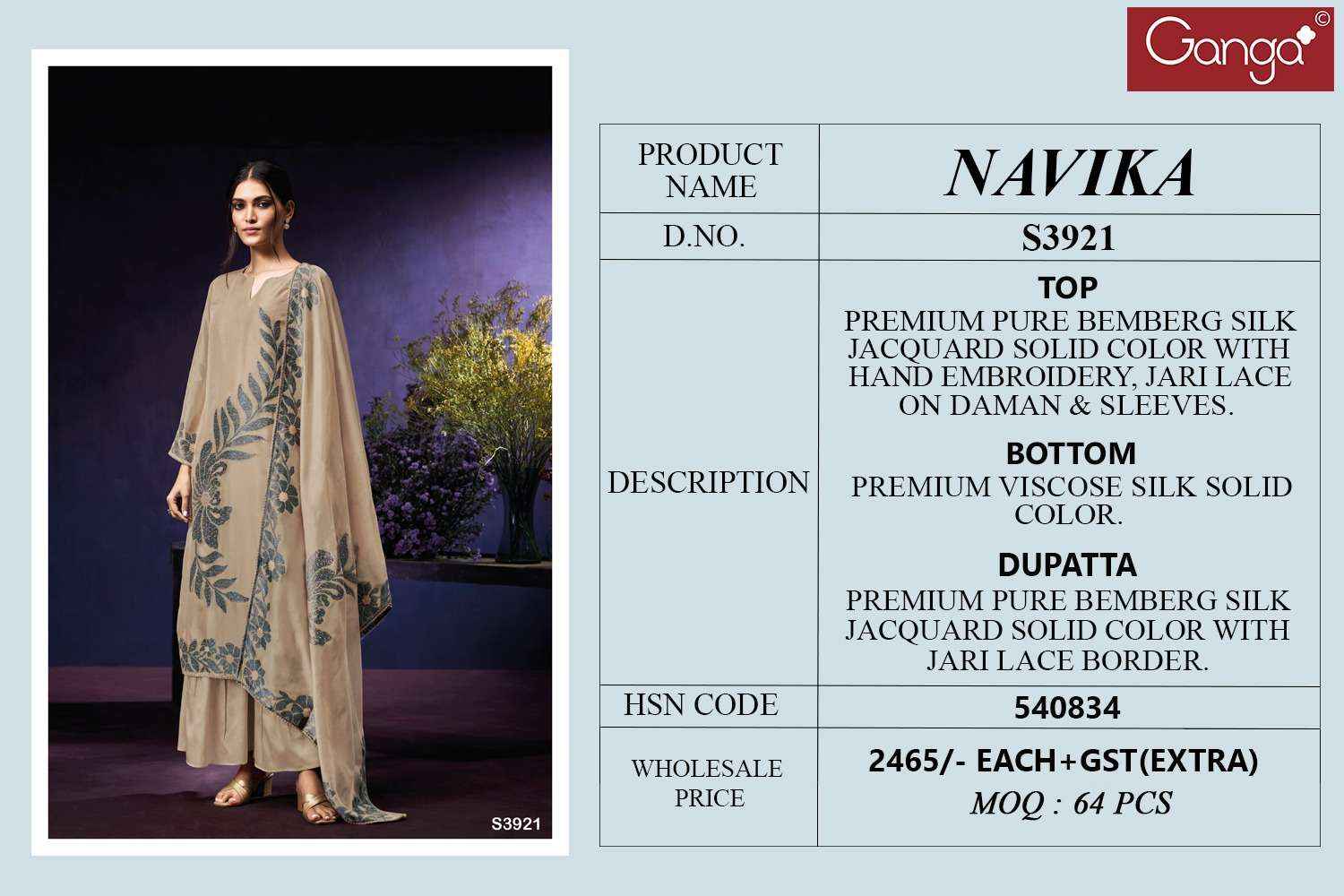 Ganga Fashion Navika 3921 Pure Bemberg Silk Suit Premium Collection Wholesale Rate ( 1 Pcs catalog )