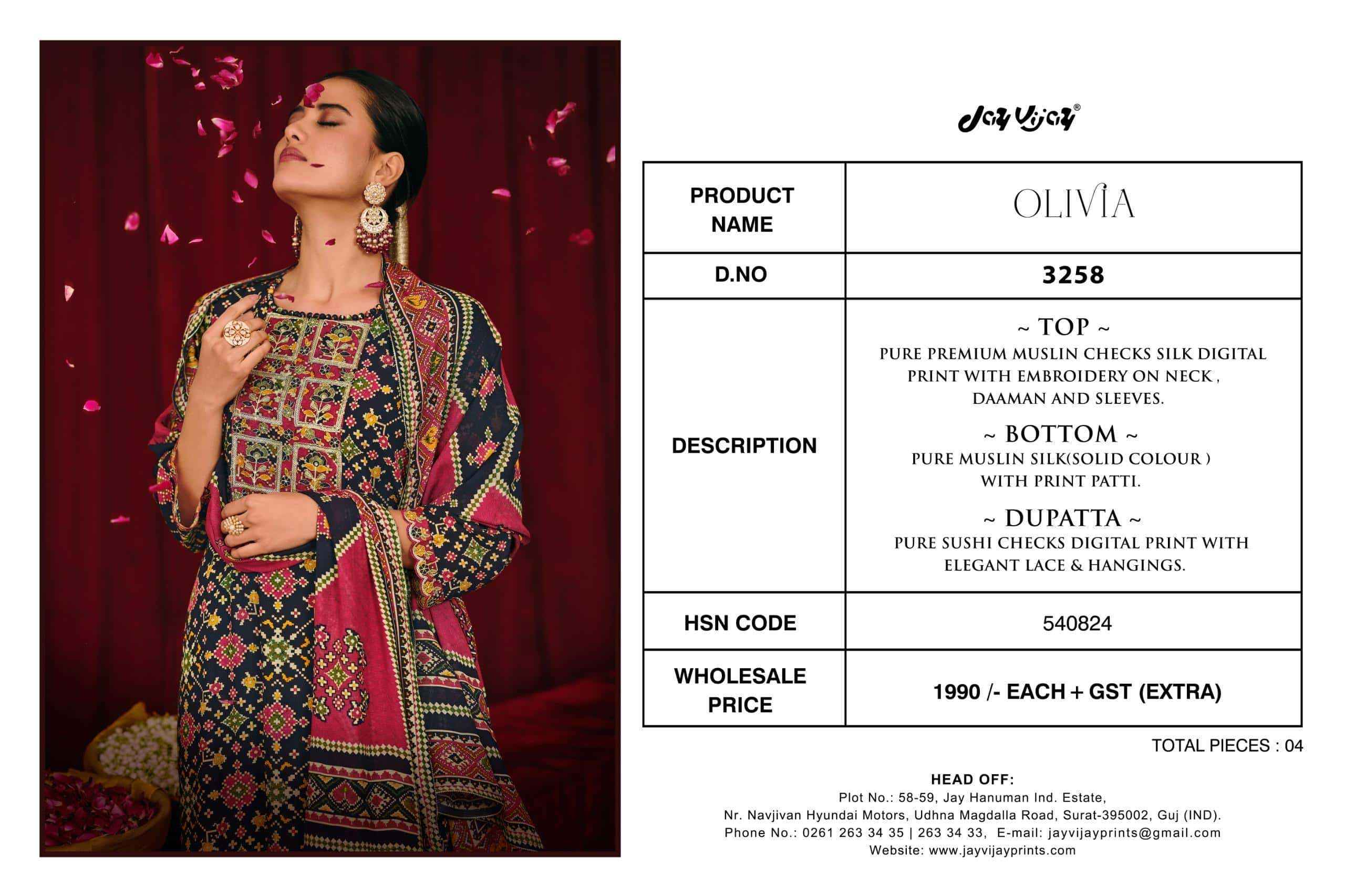 Jay Vijay Olivia 3258 Digital Printed Latest Muslin Suit Wholesale Rate ( 4 Pcs Catalog )