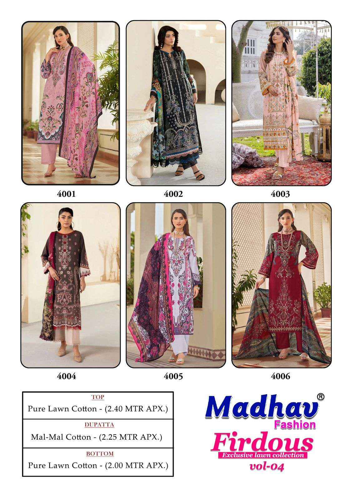Madhav Firdous Vol 4 Printed Pure Lawn Cotton Salwar Kameez Wholesale Rate ( 6 Pcs Catalog )