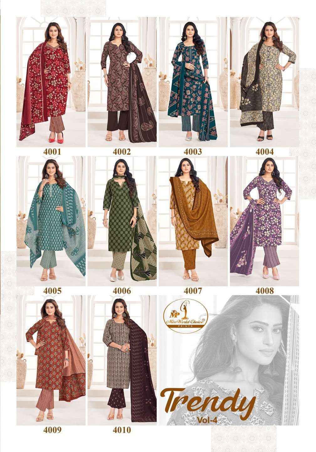 Miss World Trendy Vol 4 Pure Cotton Kurti Pant Dupatta Set Collection ( 10 pcs Catalog )