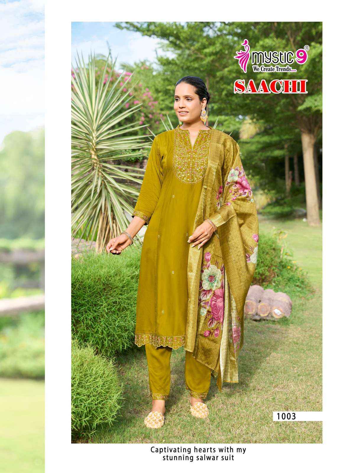 MYSTIC 9 SAACHI VOL 1 SILK DESIGNER PRINCESS CUT STYLE LADIES 3PCS SET ( 8 Pcs Catalog )
