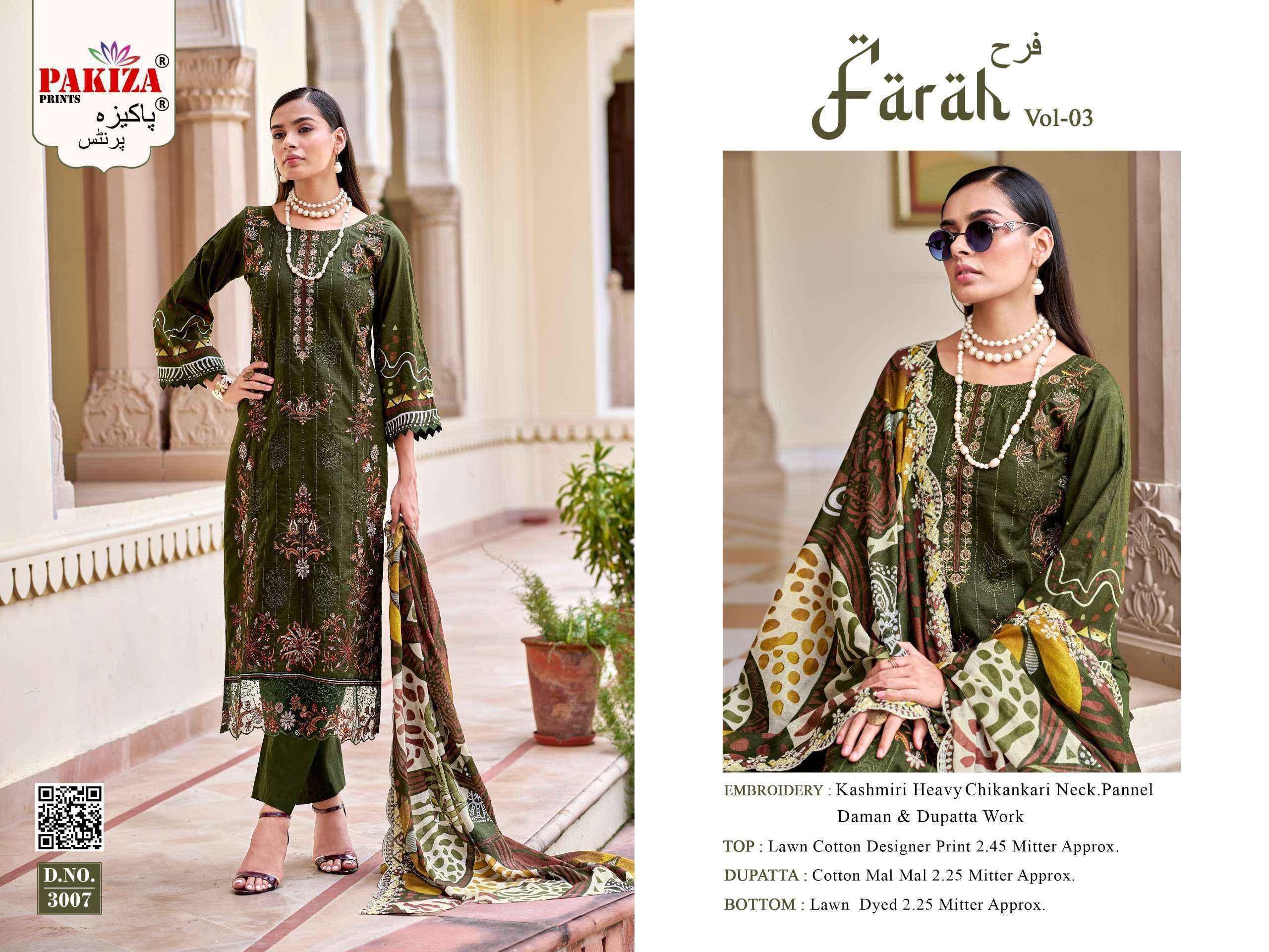 Pakiza Prints Farah Vol 3 Lawn Cotton Dress Material Wholesale Surat ( 8 pcs Catalogue )