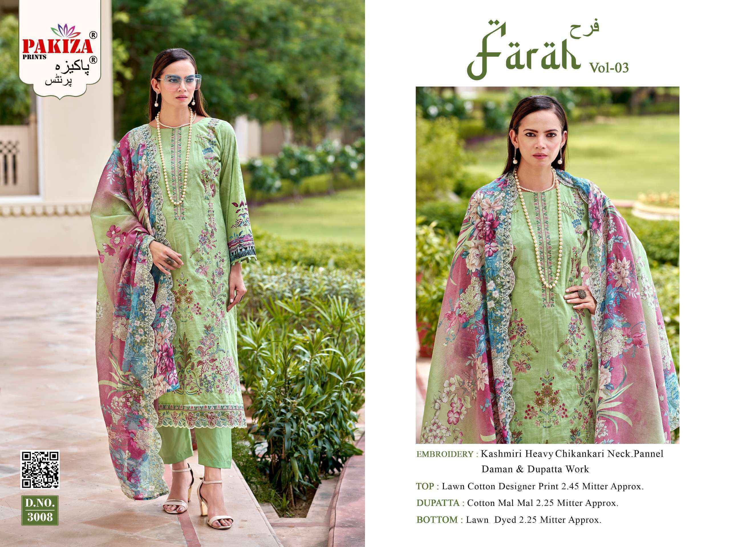Pakiza Prints Farah Vol 3 Lawn Cotton Dress Material Wholesale Surat ( 8 pcs Catalogue )