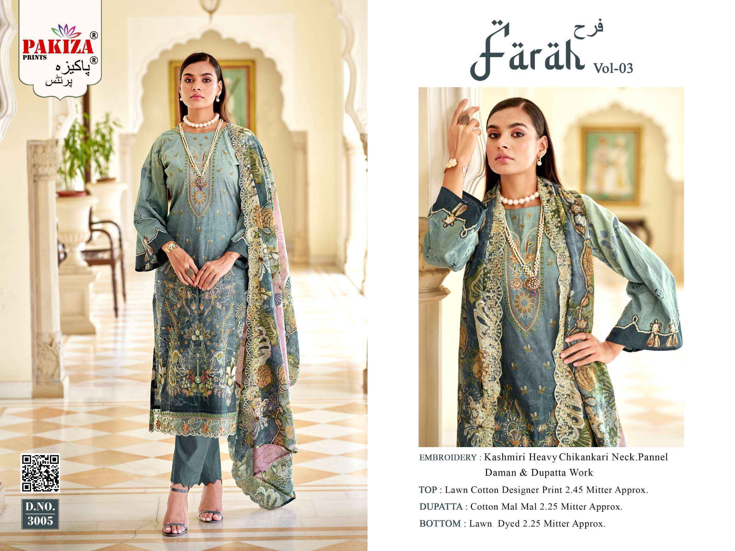 Pakiza Prints Farah Vol 3 Lawn Cotton Dress Material Wholesale Surat ( 8 pcs Catalogue )