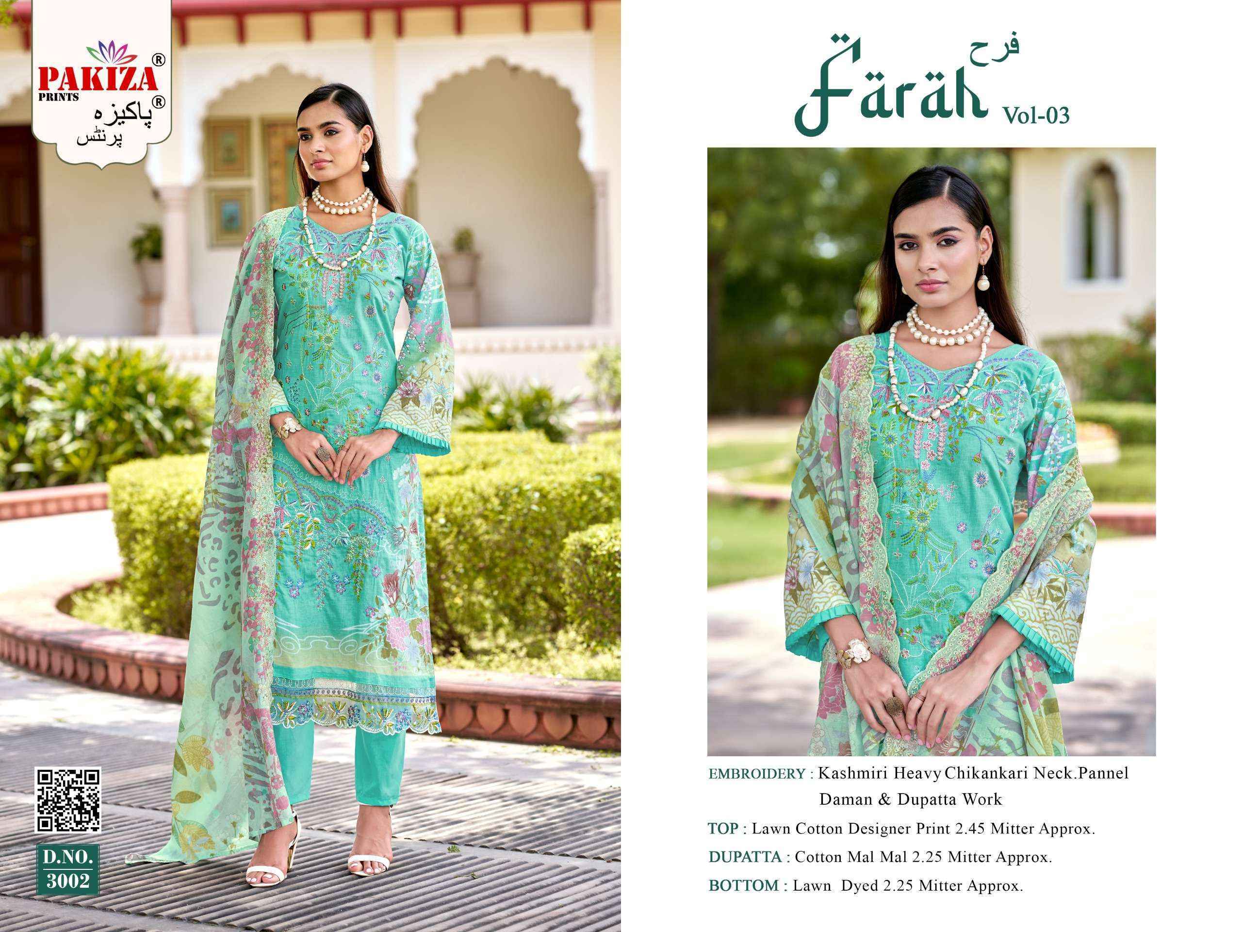 Pakiza Prints Farah Vol 3 Lawn Cotton Dress Material Wholesale Surat ( 8 pcs Catalogue )
