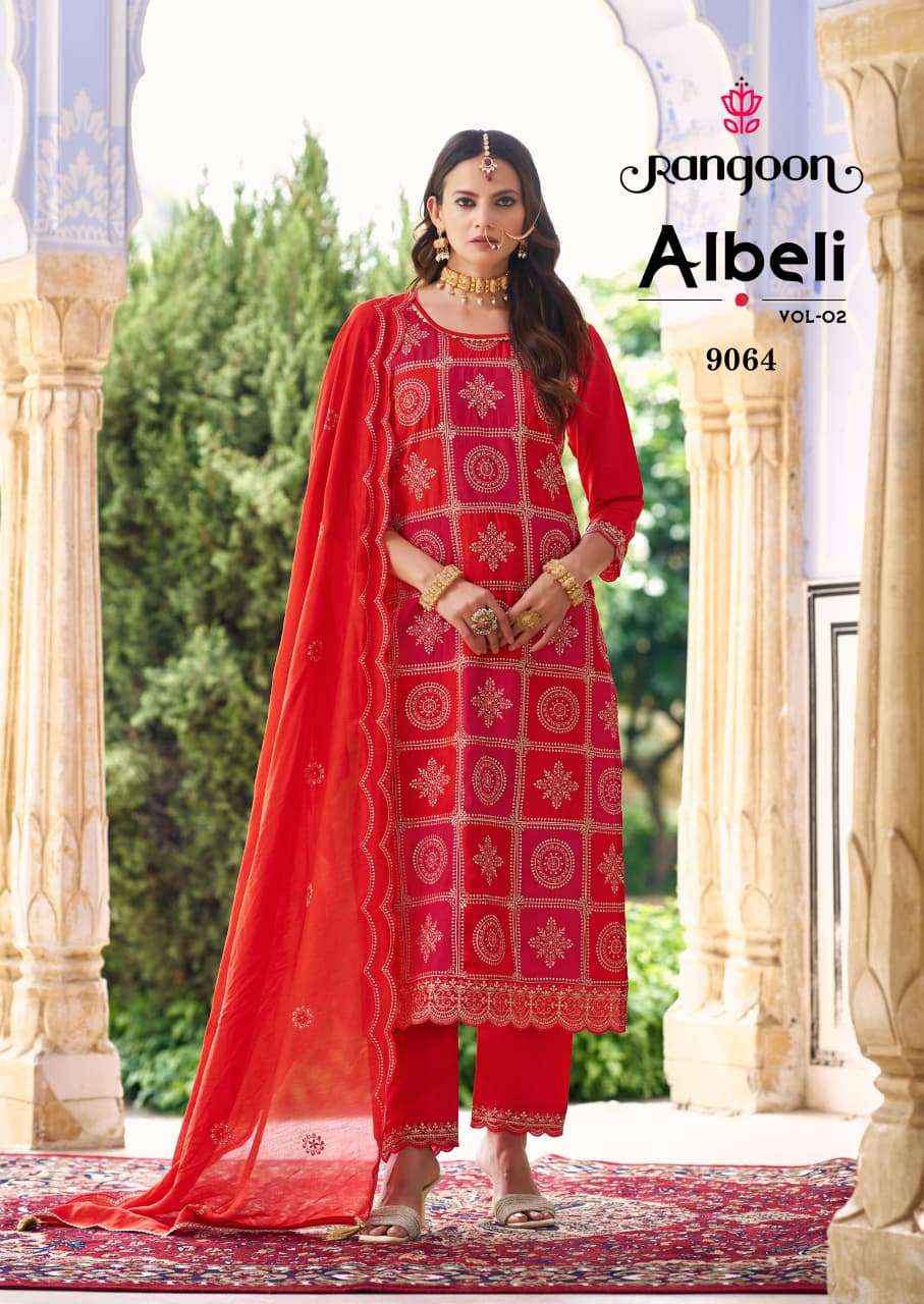 RANGOON ALBELI VOL 2 SILK WITH FANCY DESIGNER WORK READY MADE LADIES SUIT WHOLESALE RATE ( 4 PCS CATALOG )