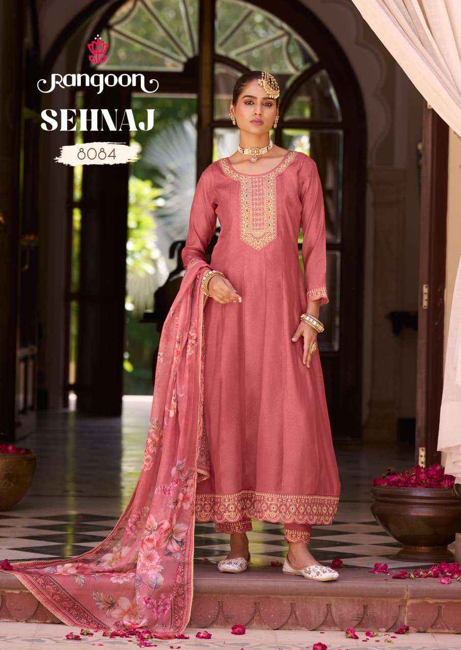 RANGOON SEHNAZ SILK DESIGNER FANCY ANARKALI STYLE LADIES KURTI COMBO SET WHOLESALE RATE ( 6 PCS CATALOG )