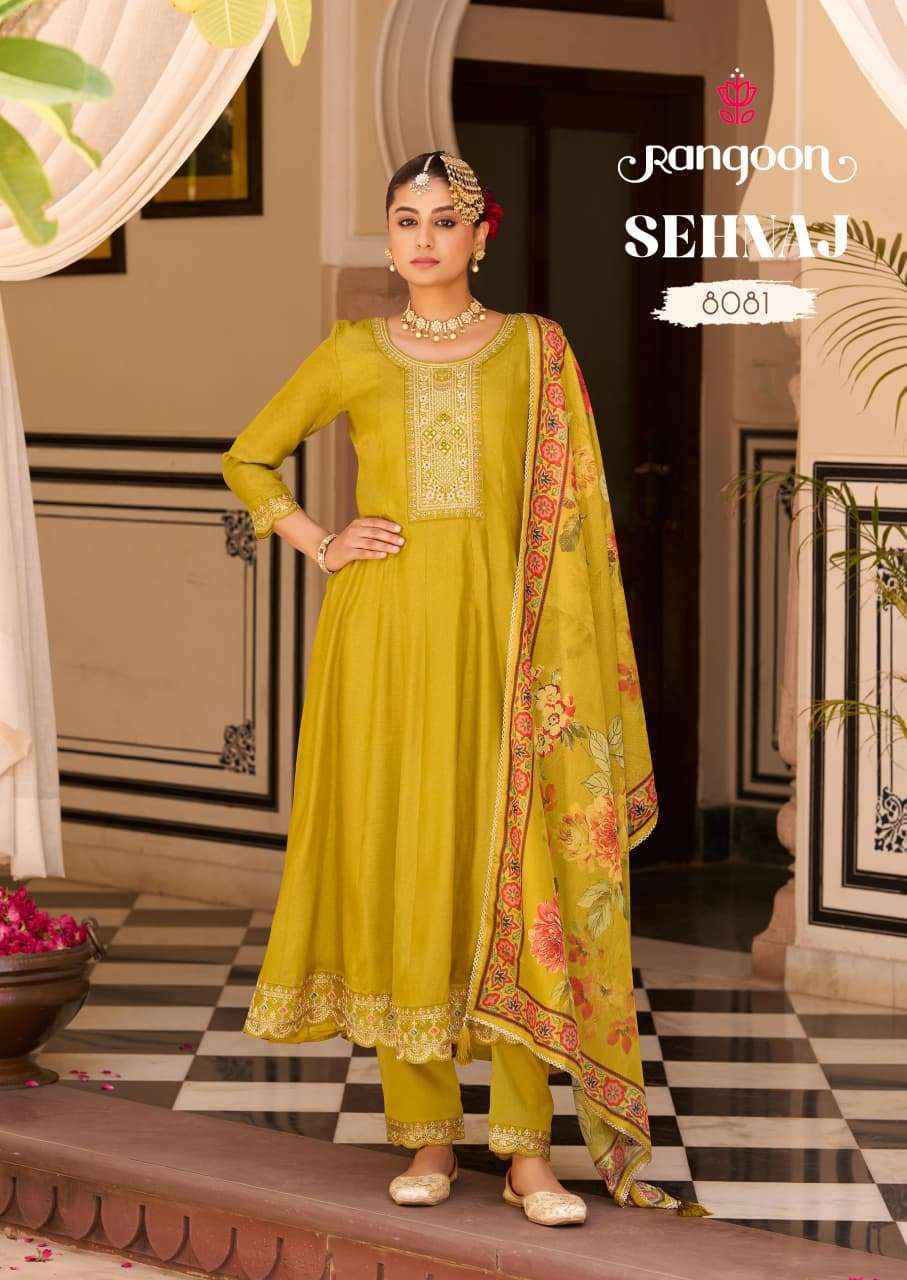 RANGOON SEHNAZ SILK DESIGNER FANCY ANARKALI STYLE LADIES KURTI COMBO SET WHOLESALE RATE ( 6 PCS CATALOG )