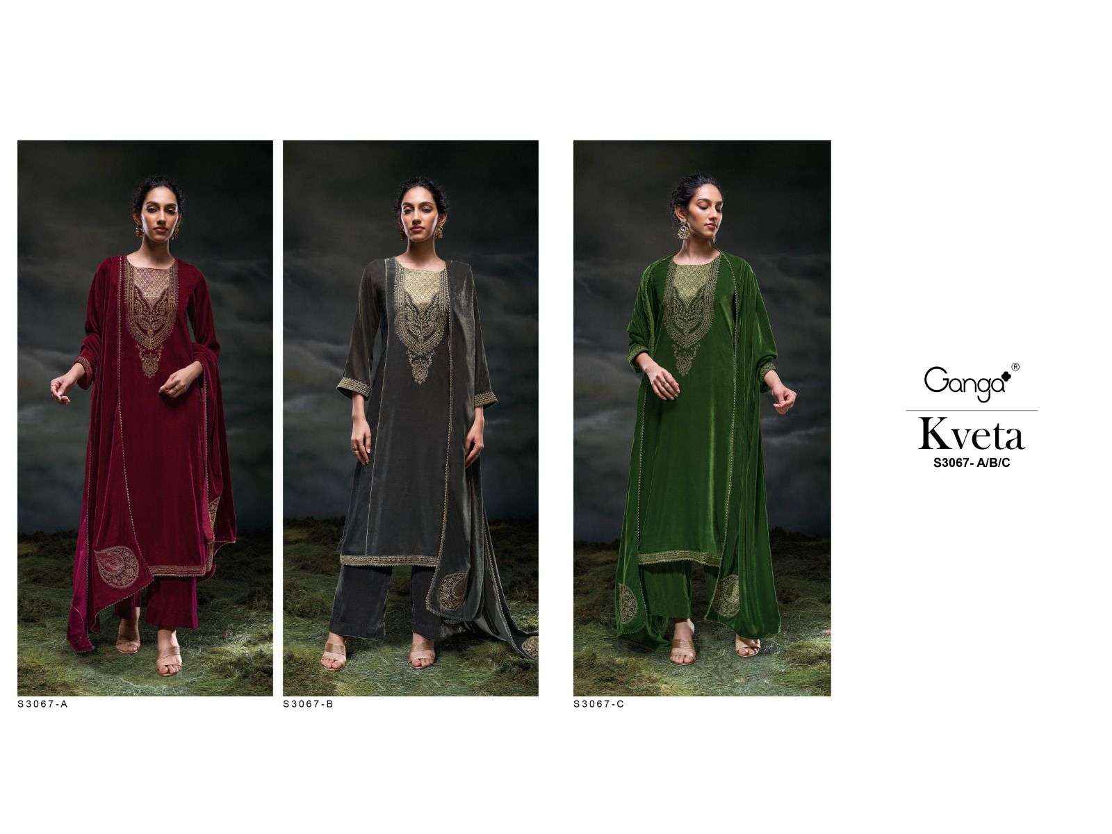 Ganga Fashion Kveta 3067 Premium Designs Velvet Suit Wholesale Rate ( 3 Pcs Catalog )