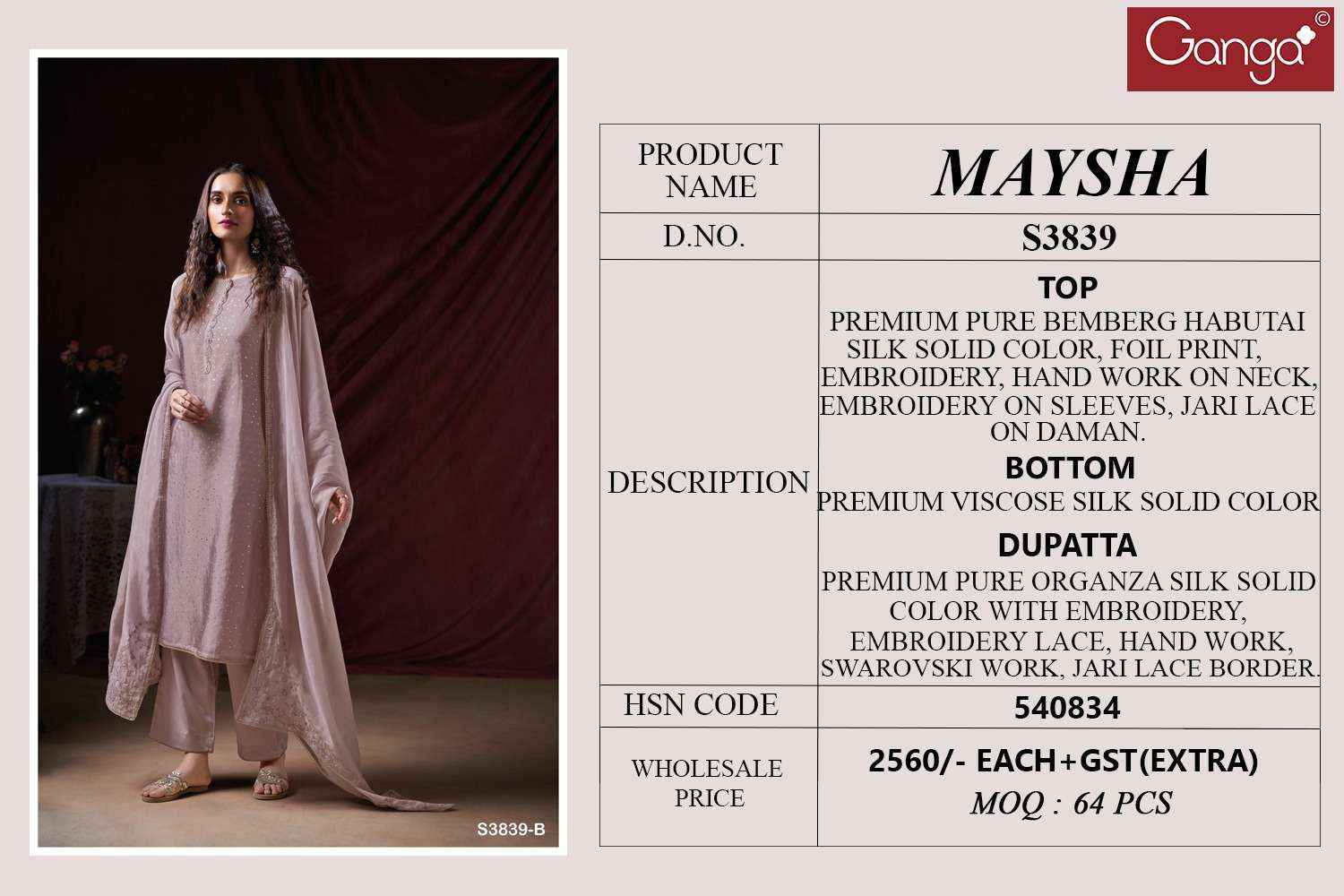 Ganga Fashion Maysha 3839 Pure Bemberg Silk Latest Suit Catalog Wholesale