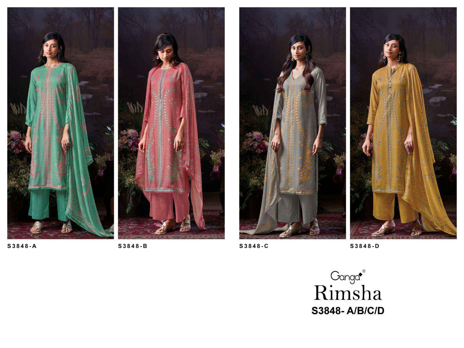 Ganga Fashion Rimsha 3848 Pure Wool Pashmina Suit Winter Collection Wholesale Price ( 4 Pcs Catalog )