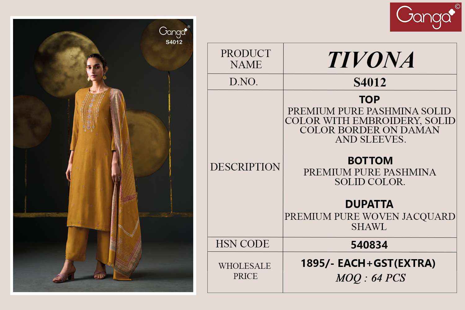 Ganga Fashion Tivona 4012 Pure Pashmina Suit Winter Wear Salwar Kameez Wholesale Rate ( 1 Pcs Catalog )