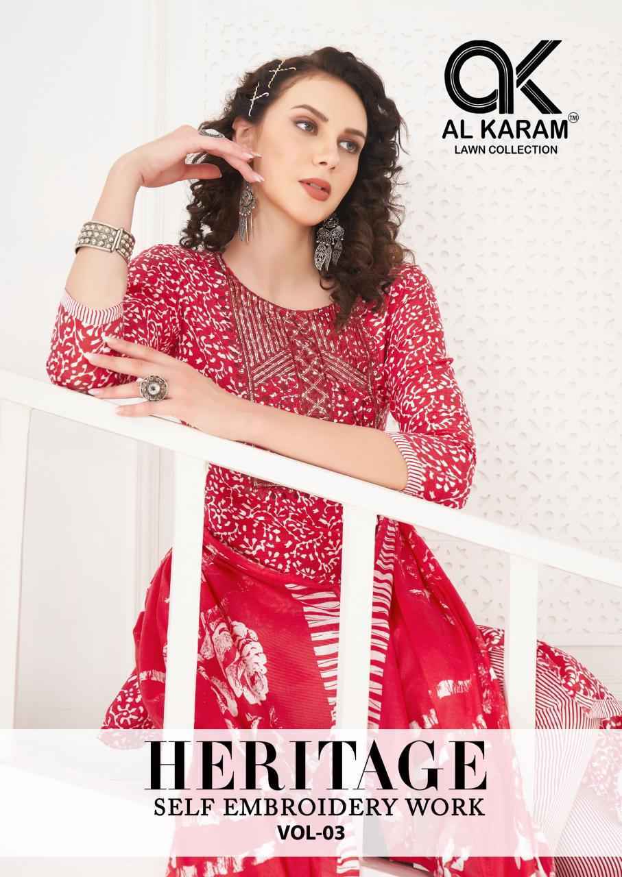 Al Karam Heritage Vol 3 Cotton Salwar Kameez Wholesale Rate ( 8 Pcs Catalog )