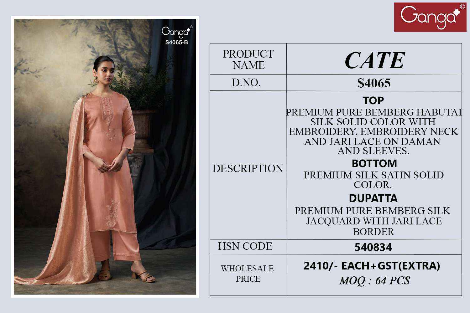 Ganga Fashion Cate 4065 Pure Bemberg Silk Designer Suit Catalog Supplier