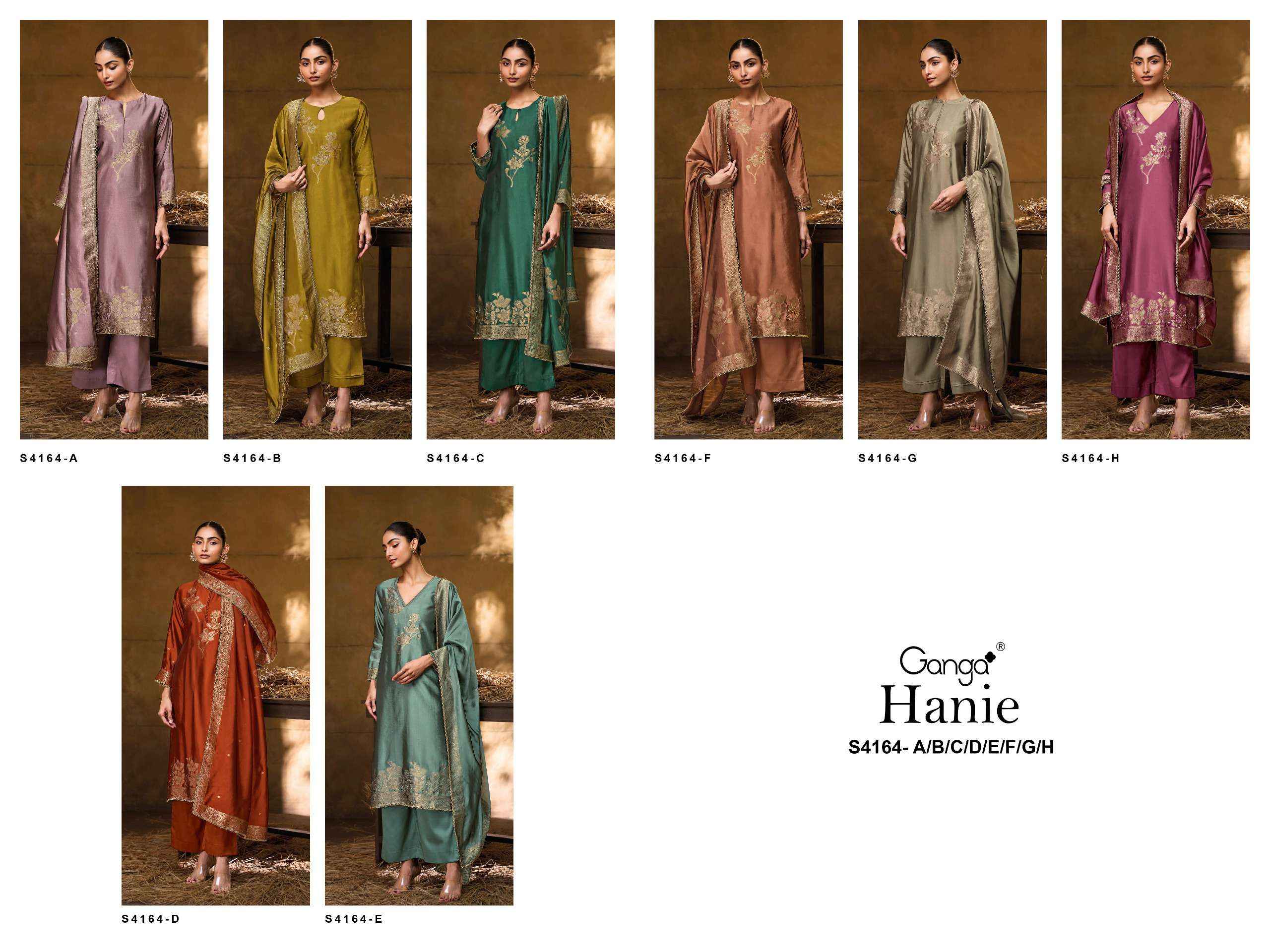 Ganga Fashion Hanie 4164 Partywear Style Silk Designer Salwar Suit Wholesale Rate ( 8 Pcs Catalog )