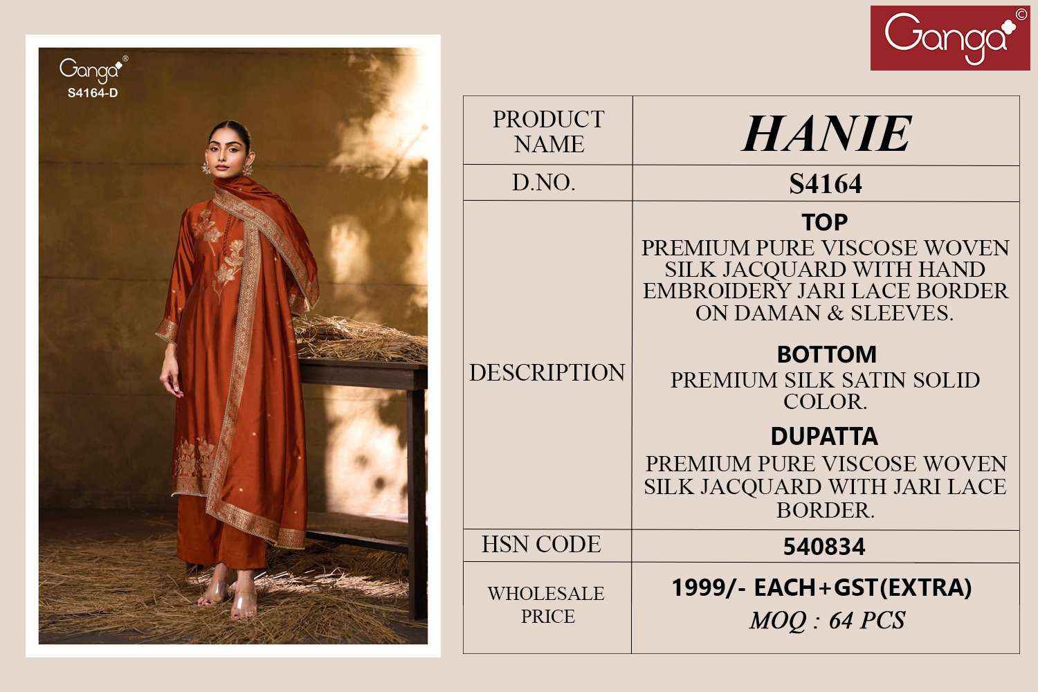 Ganga Fashion Hanie 4164 Partywear Style Silk Designer Salwar Suit Wholesale Rate ( 8 Pcs Catalog )