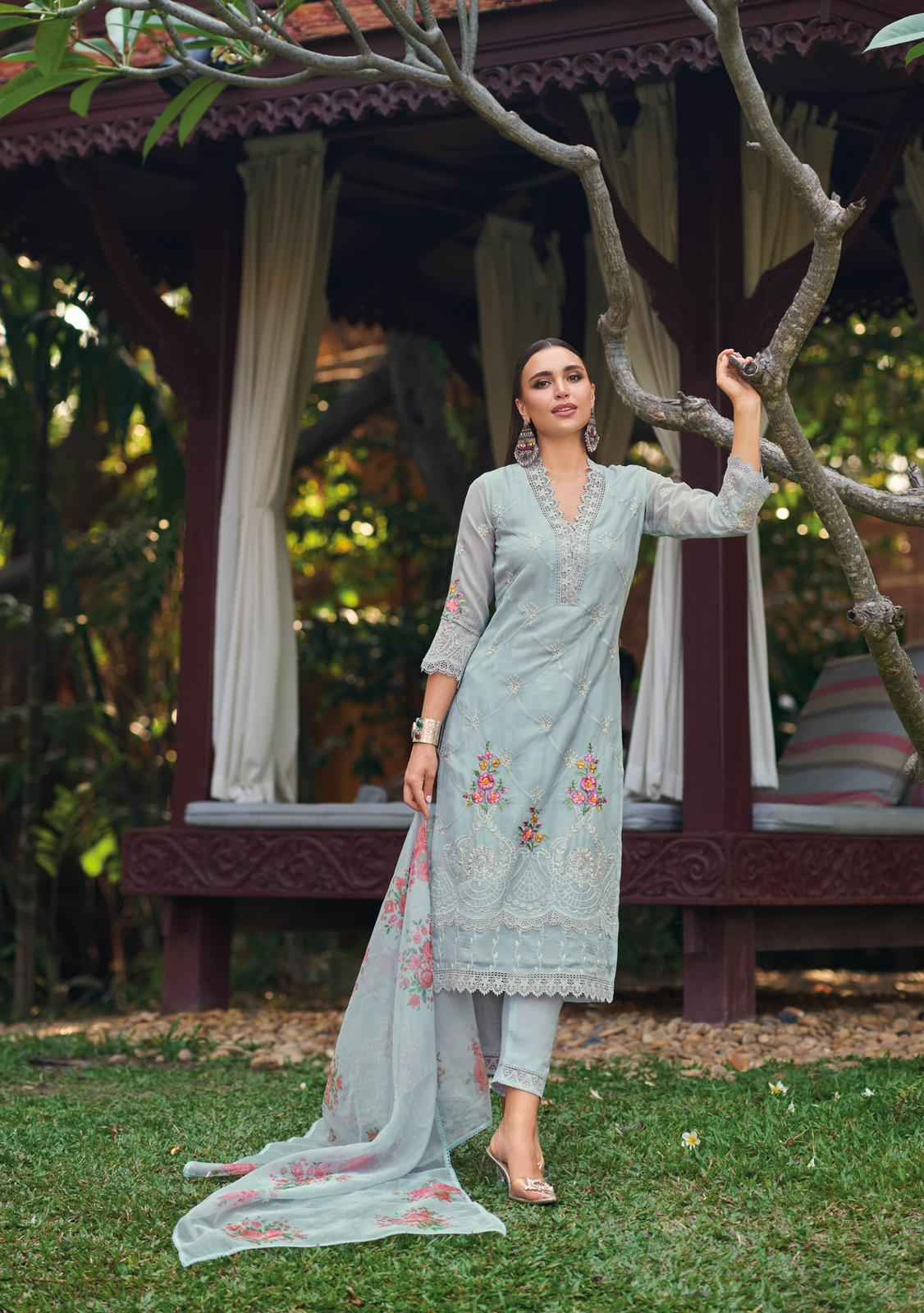 Kailee Shysha Viscose Organza Handwork Kurti Pant And Dupatta