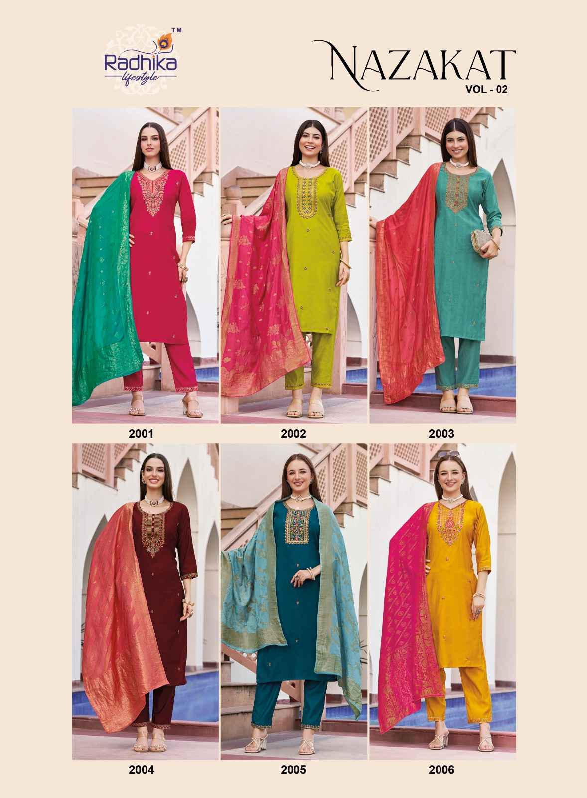 Radhika Nazakat Vol 2 Vertican Silk Embroidery Top Bottom And Dupatta Set Wholesale Rate ( 6 Pcs Catalog )