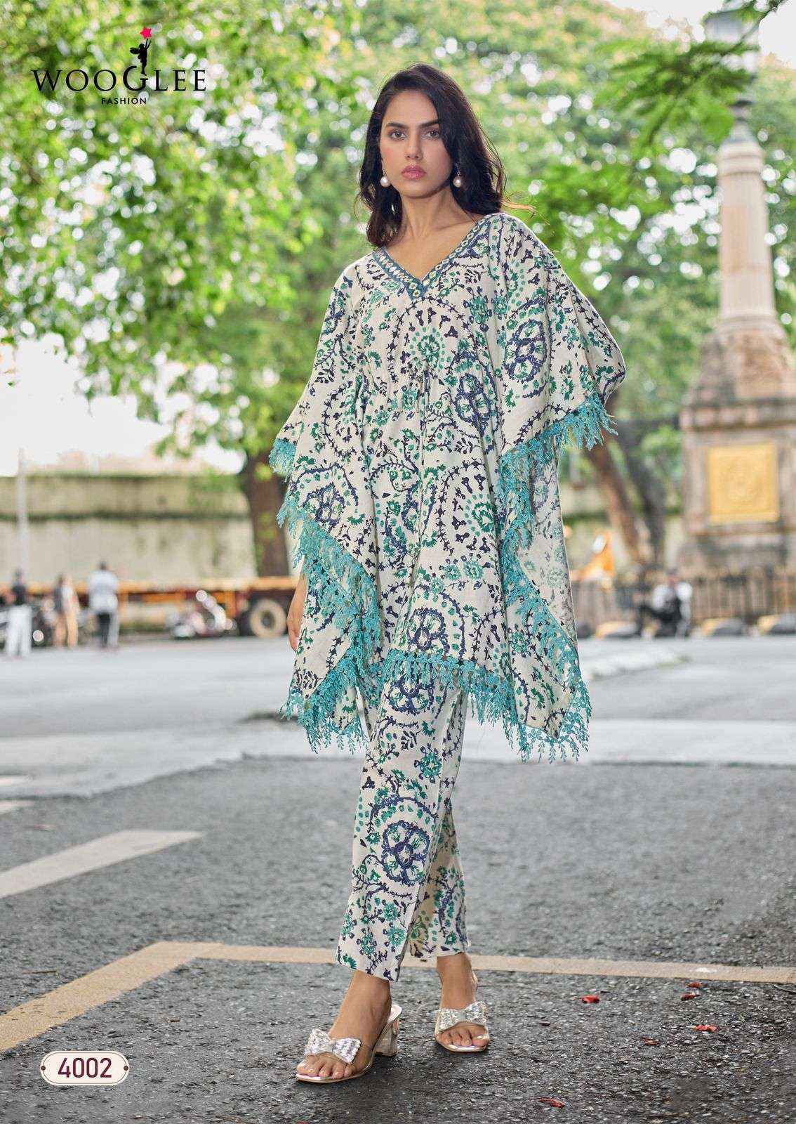 WOOGLEE SHAKIRA COTTON PRINT FANCY KURTI WITH BOTTOM PAIR WHOLESALE RATE ( 4 PCS CATALOG )