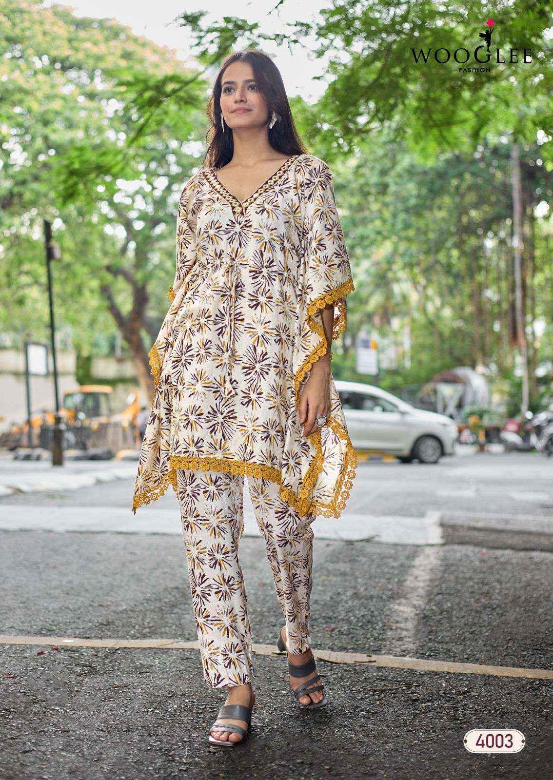 WOOGLEE SHAKIRA COTTON PRINT FANCY KURTI WITH BOTTOM PAIR WHOLESALE RATE ( 4 PCS CATALOG )