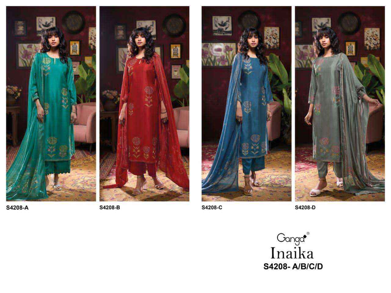 Ganga Fashion Inaika 4208 Designer Silk Latest Salwar Suit Wholesale Rate ( 4 Pcs Catalog )