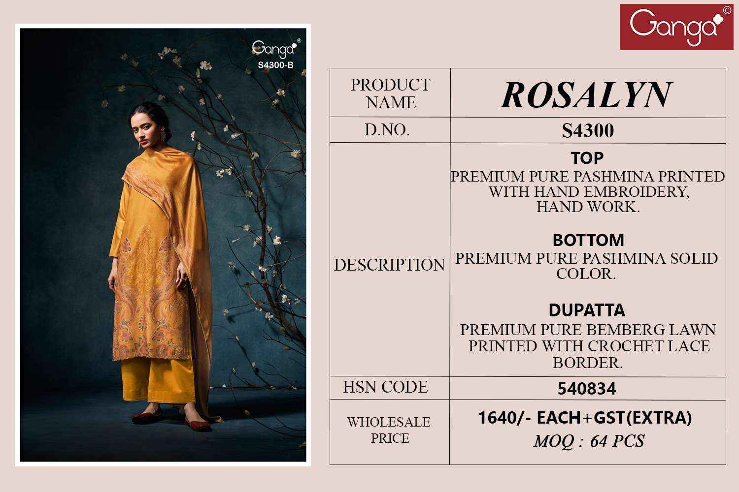Ganga Fashion Rosalyn 4300 Fancy Pure Pashmina Salwar Suit ( 4 Pcs Catalog )