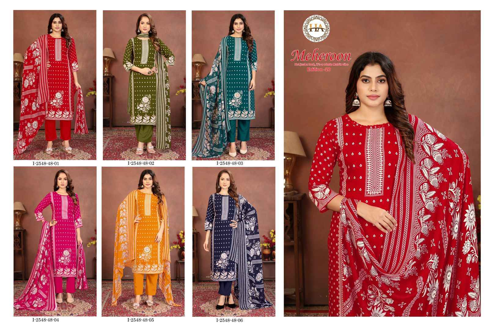 Harshit Fashion Meheroon Edition 20 Viscouse Reyon Salwar Suit Wholesale Rate ( 6 Pcs Catalog )